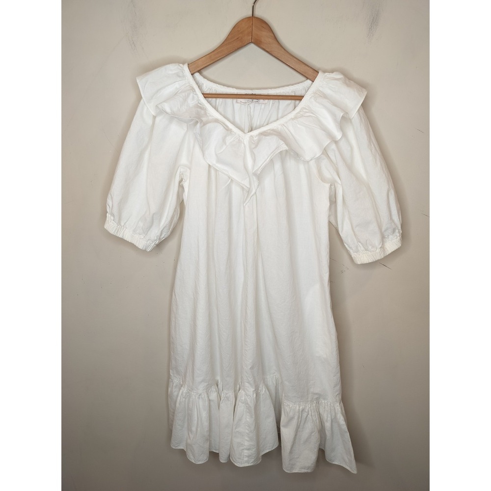 Vtg David Brown California White Cotton Ruffled Dress Pockets Cottage